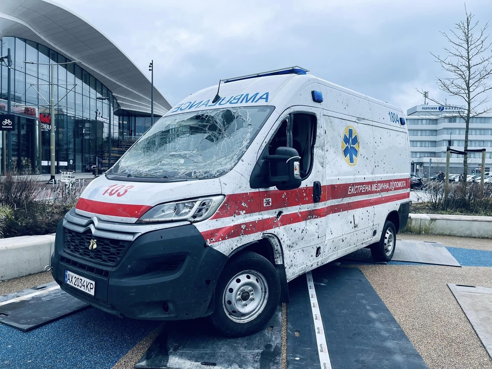 Exhibit in Netherlands shows ambulance hit by Russian attack in Ukraine