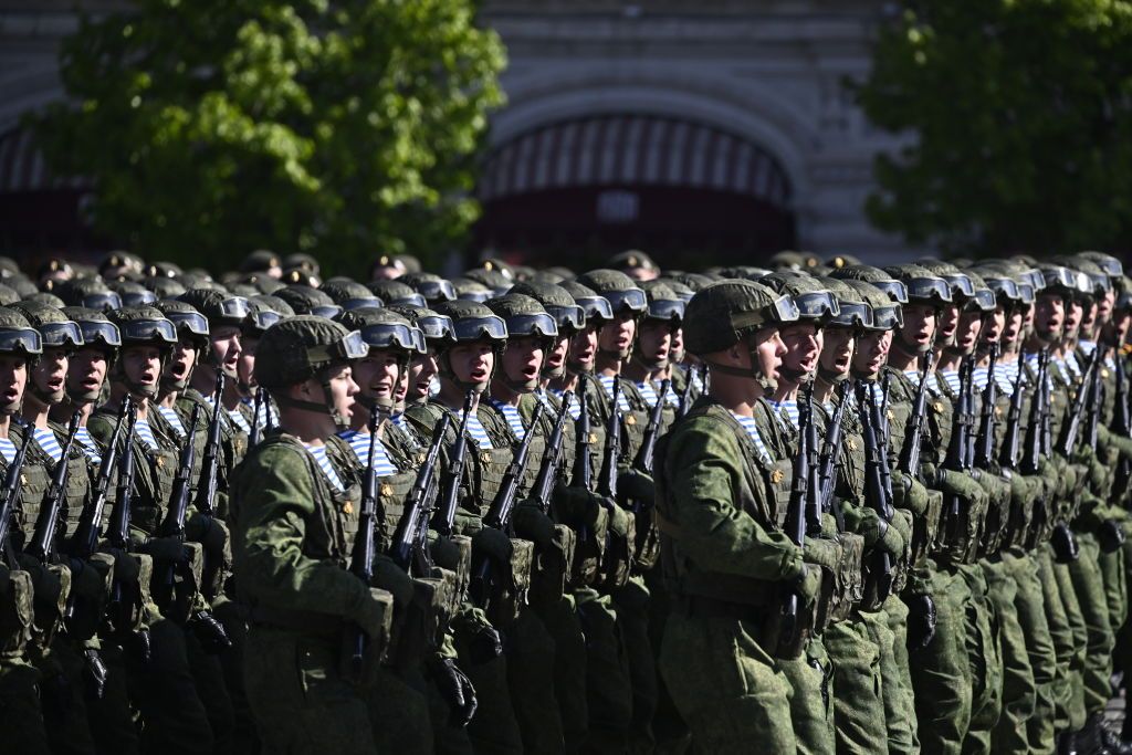 Russian soldiers take part in a parade for Victory Day in Moscow's Red Square on May 9, 2023