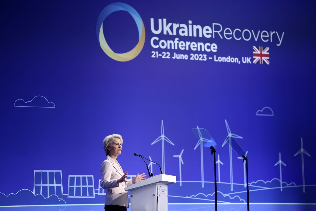 European Commission President Ursula von der Leyen addresses the Ukraine Recovery Conference on June 21, 2023, in London, England.