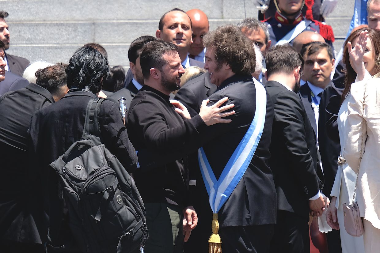 President Volodymyr Zelensky greets Argentinian President Javier Milei in Buenos Aires.