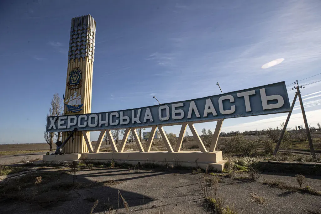 The Kherson Oblast sign is seen on Nov. 13, 2022.