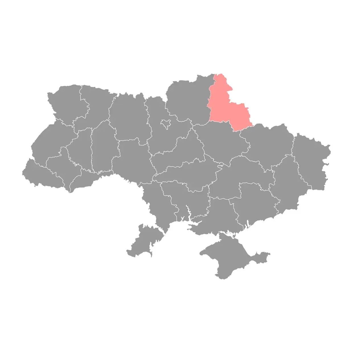 A map of Ukraine with Sumy Oblast highlighted in red. 