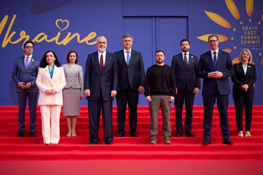 European leaders at the Ukraine-Southeast Europe summit in Tirana, Albania, on Feb. 28, 2024.