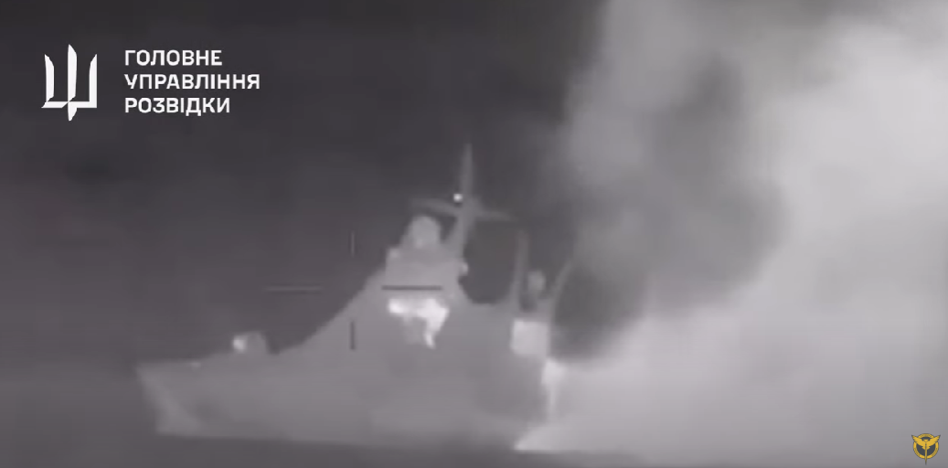 Screenshot of the video of the attack on the Russian patrol ship Sergey Kotov.