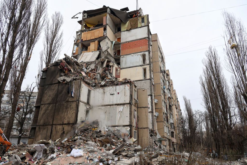 A section of a residential building destroyed by a Russian drone in Odesa.