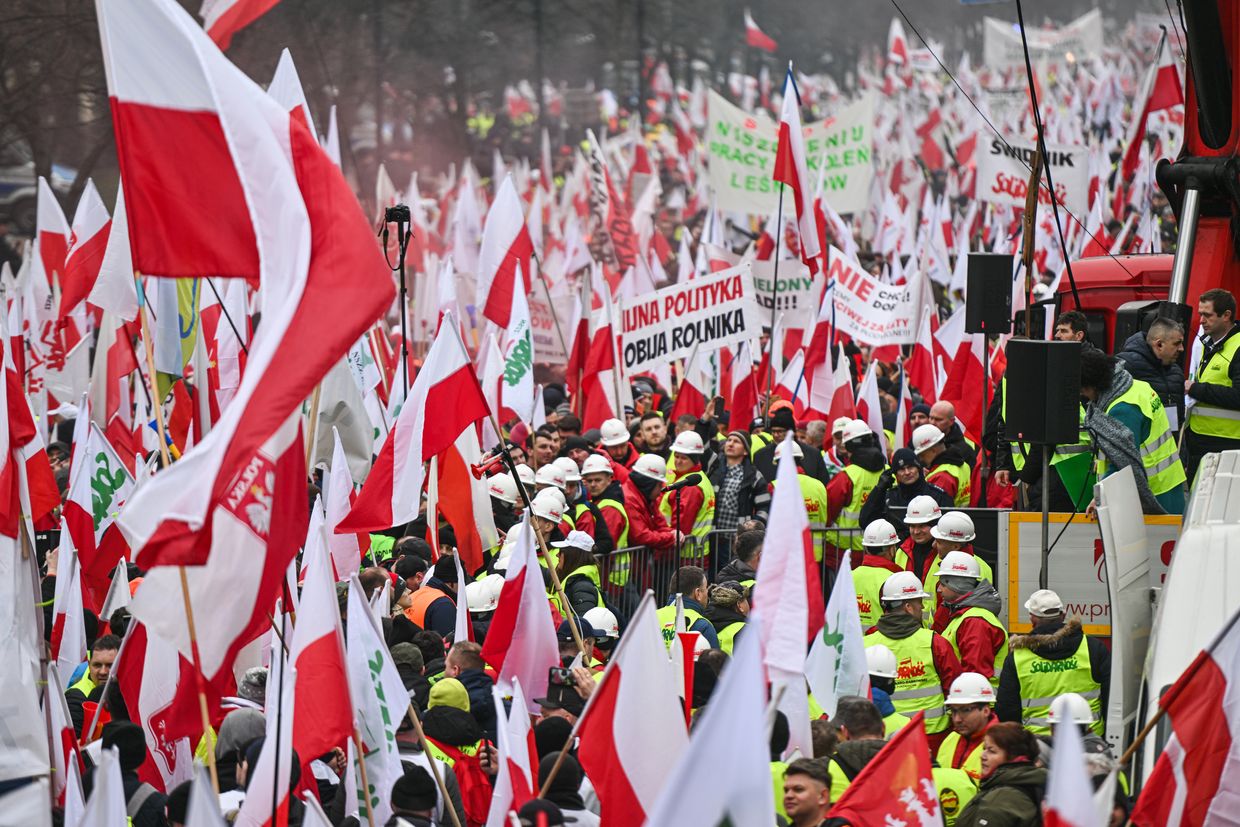 Polish farmers take part in a protest against the EU Green Deal and the import of Ukrainian grain in Warsaw.