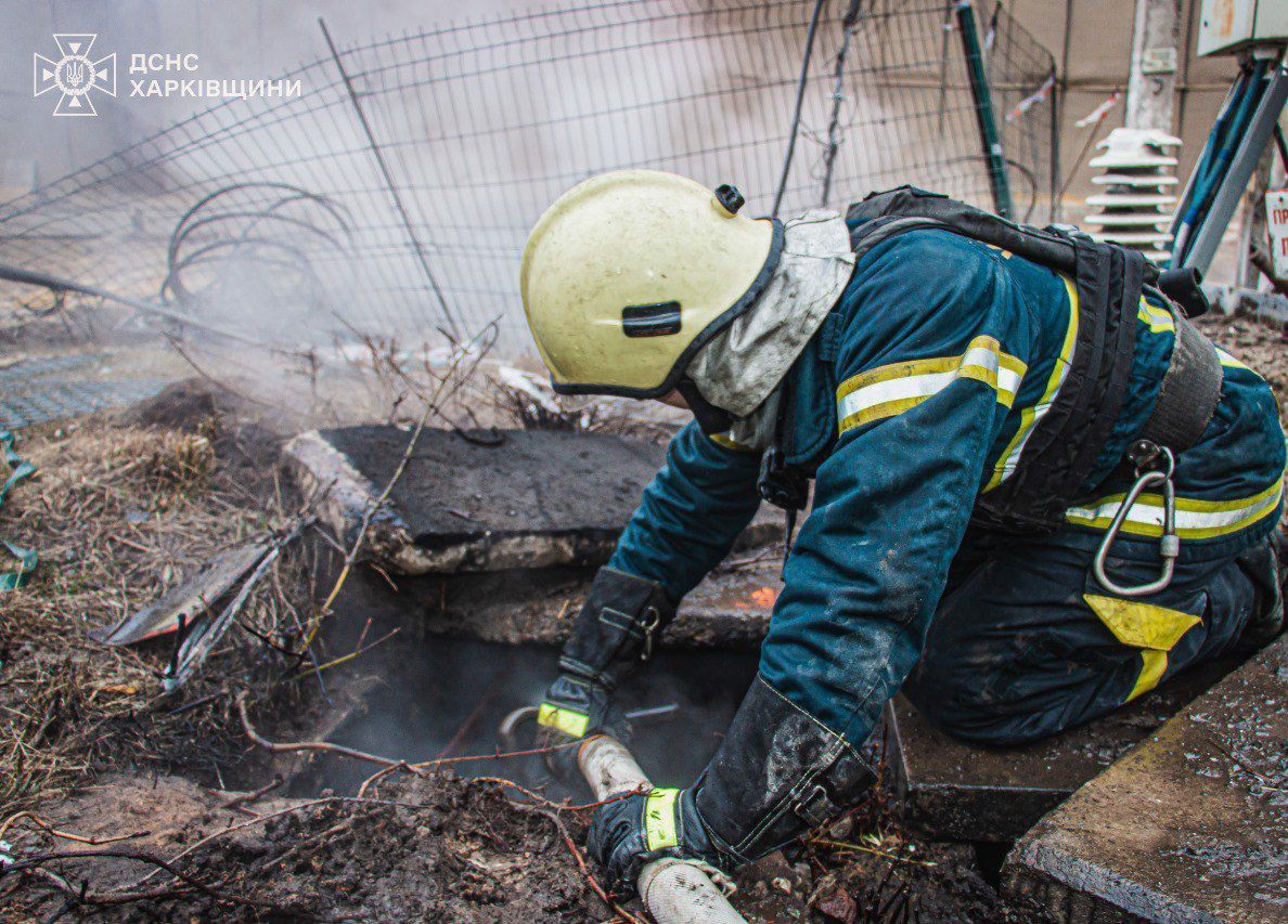 Firefighters working on the site of a Russian attack on Kharkiv on March 22, 2024.