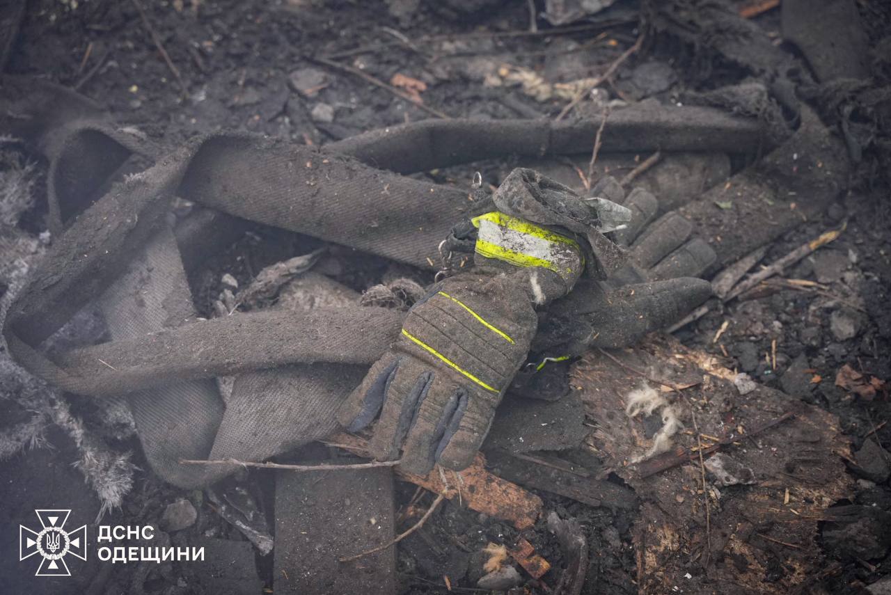 Gloves and equipment of a first responder lying in the rubble following a Russian missile strike on Odesa on March 15, 2024.