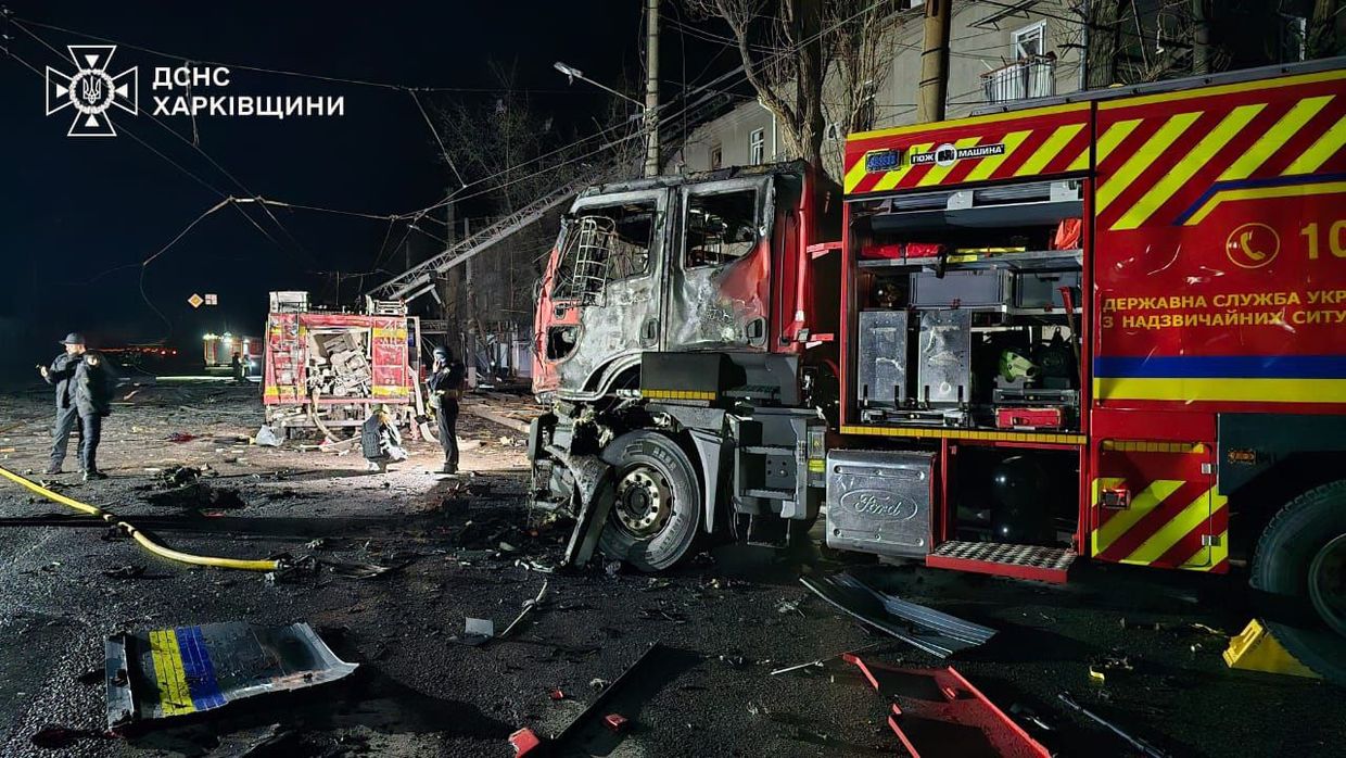 A service vehicle of the State Emergency Service damaged in a Russian drone strike against Kharkiv on April 4, 2024.