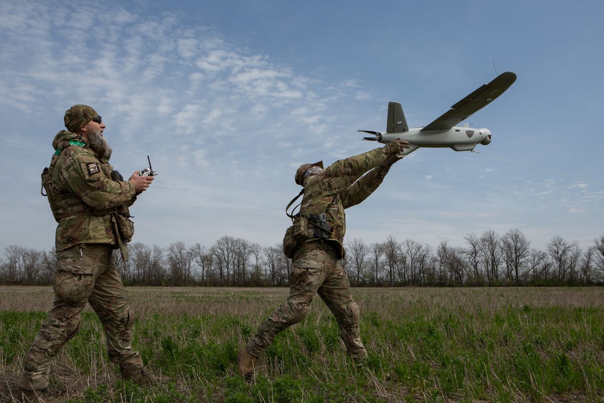 A member of Falcon unit sending Ukrainian drone Leleka to air in Kostiantynivka, Donetsk Oblast, on April 18, 2023. 