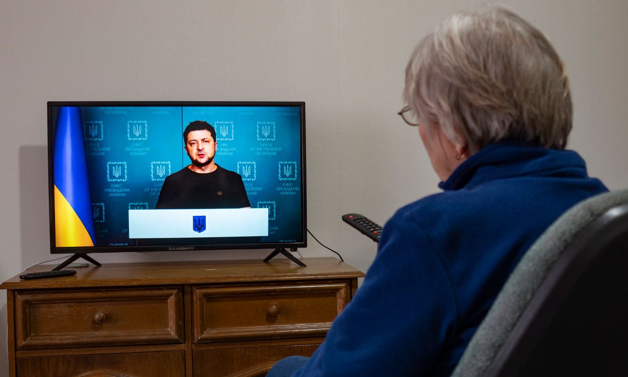 President Volodymyr Zelensky delivers an urgent televised address to the Ukrainian nation in Kyiv, Ukraine on March 2, 2022.