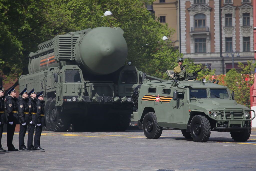 A Russian RS-24 Yars nuclear missile complex arrives at a Victory Day military parade rehearsal in Moscow