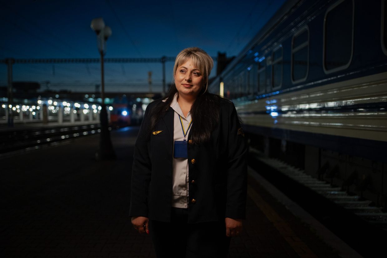 Train attendant Tetiana Kohut before departure to Lviv in railway station in Kyiv, Ukraine on June 12, 2024.