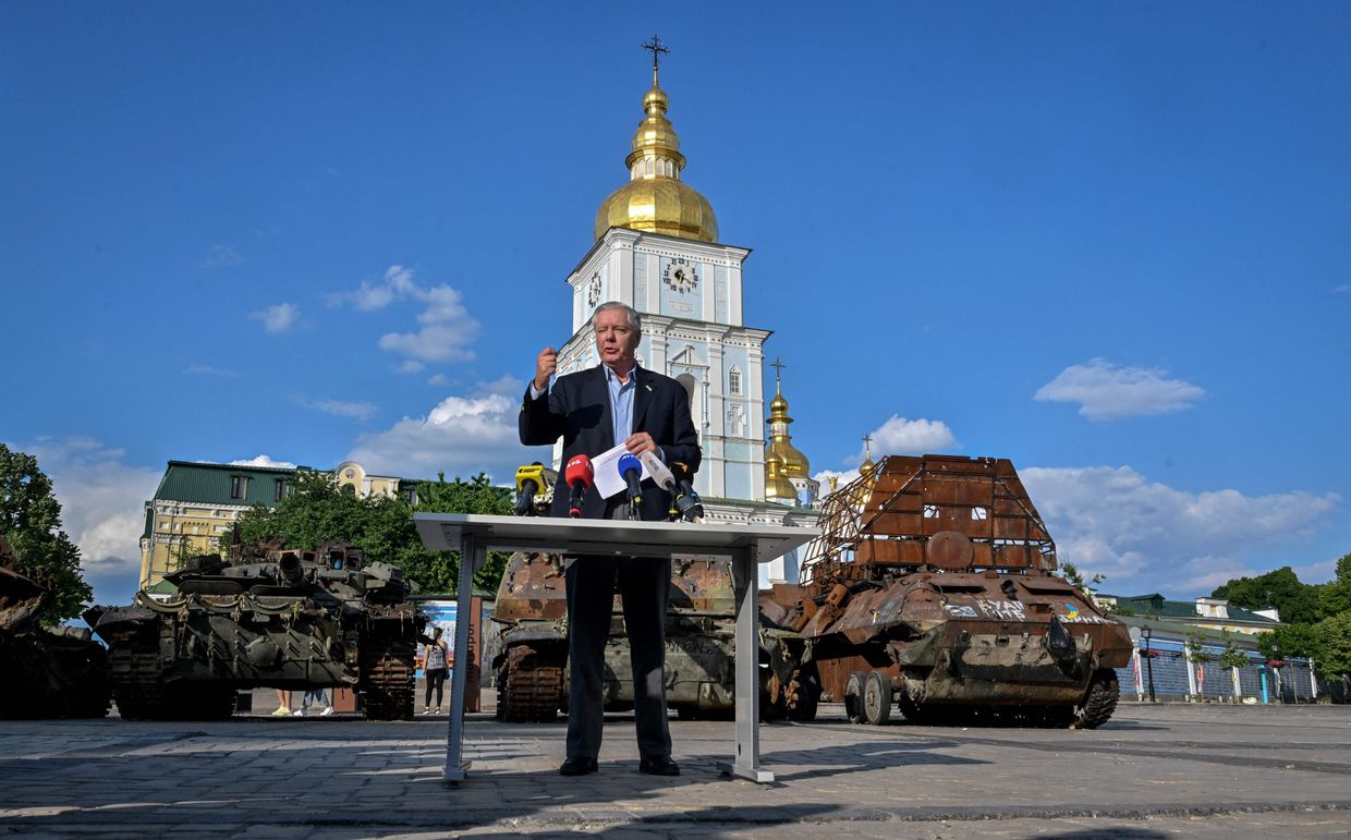 US Senator Lindsey Graham speaks during a press conference at an open-air exhibition of destroyed Russian military vehicles in Kyiv,