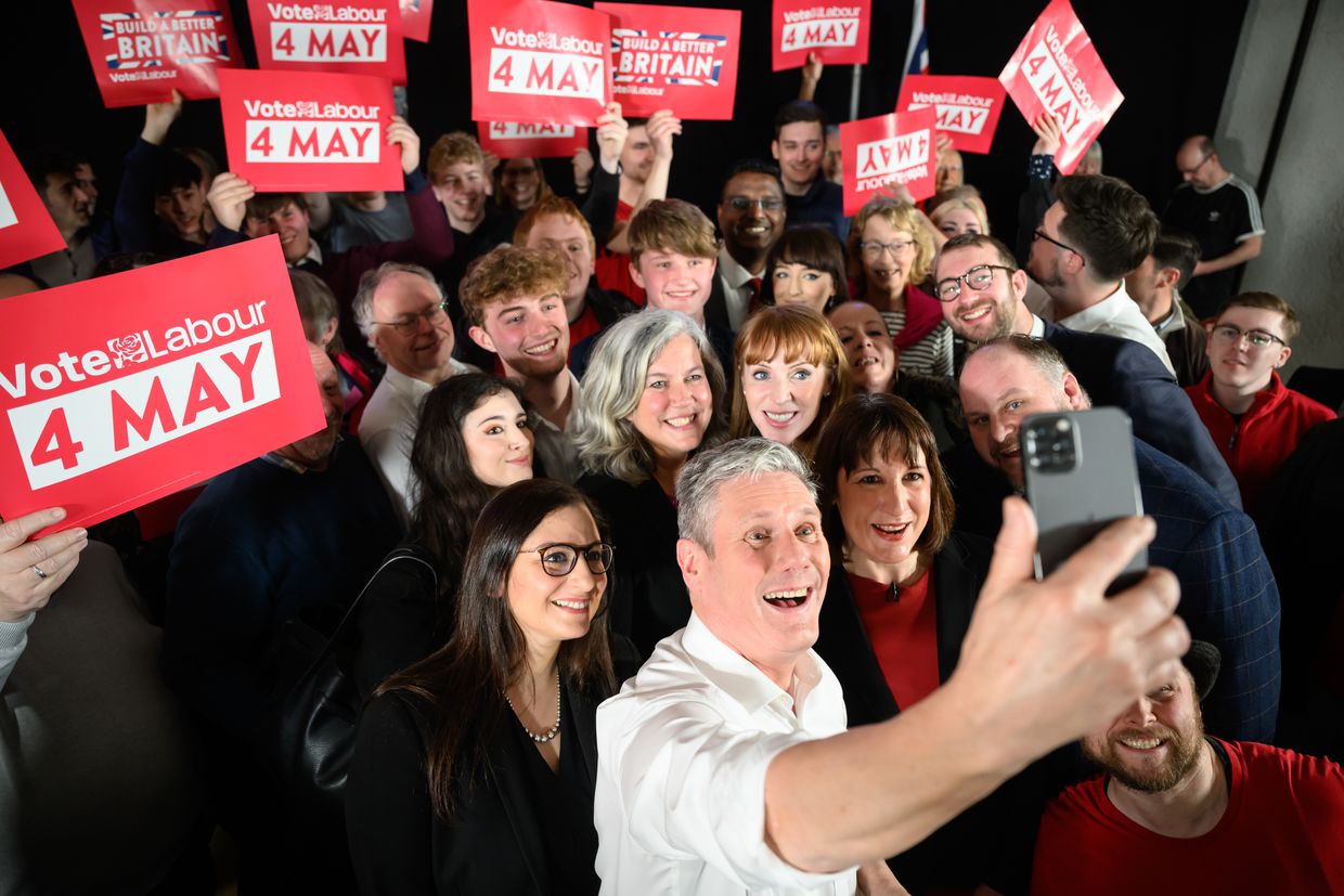 Labour Party leader Keir Starmer takes a selfie during the launch of Labour's Local Election campaign