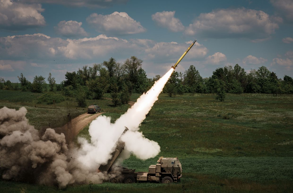 A M142 HIMARS launches a rocket on the Bakhmut direction on May 18, 2023 in Donetsk Oblast, Ukraine.