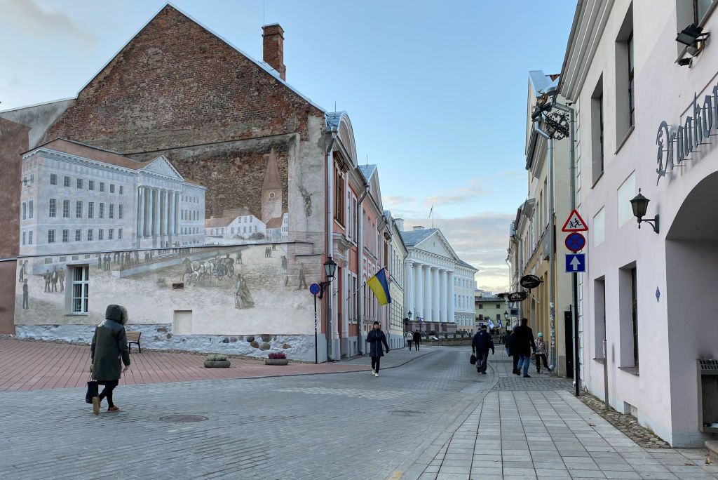 A Ukrainian flag hangs on University Street, in Tartu, Estonia