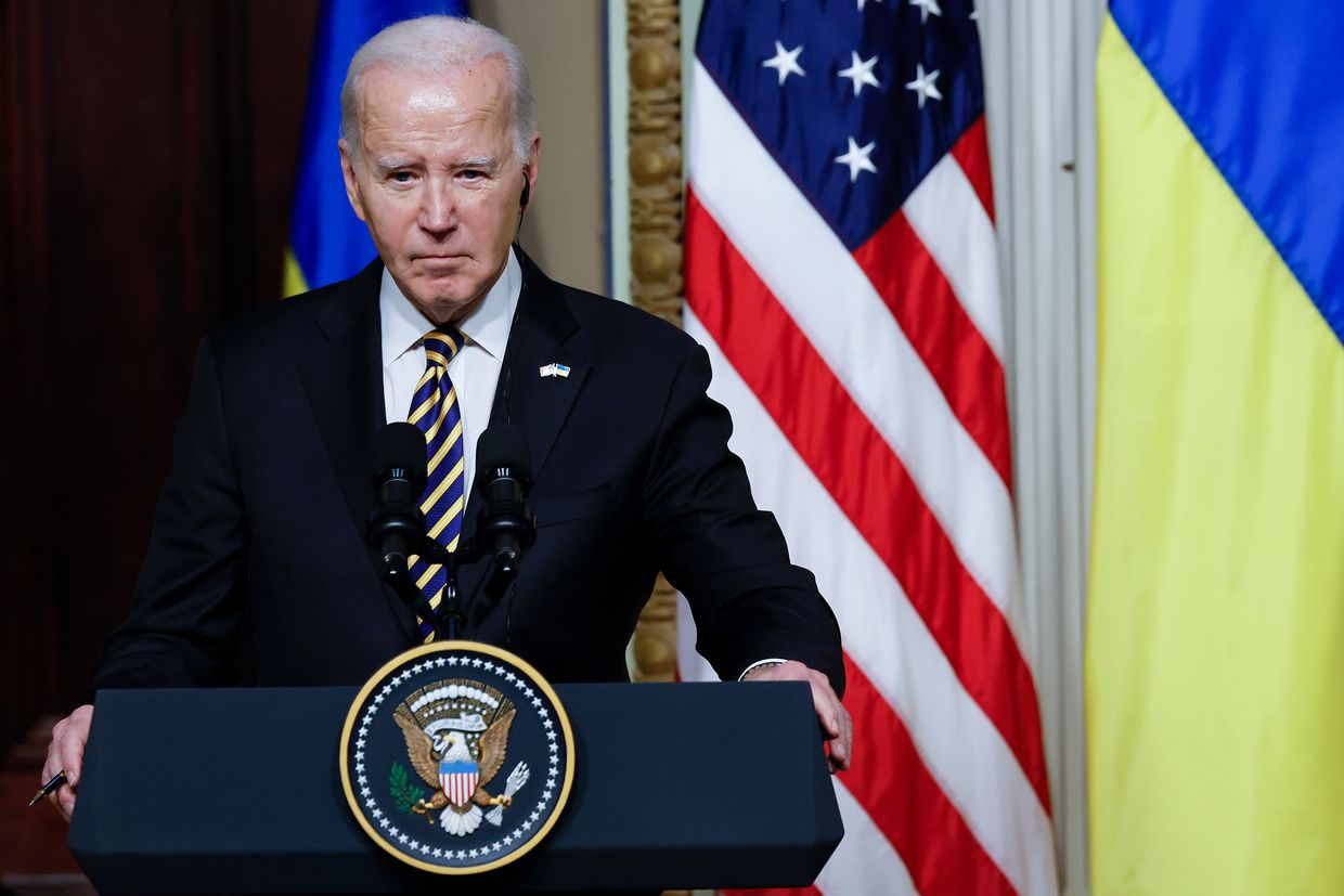 U.S. President Joe Biden speaks during a news conference with Ukrainian President Volodymyr Zelensky