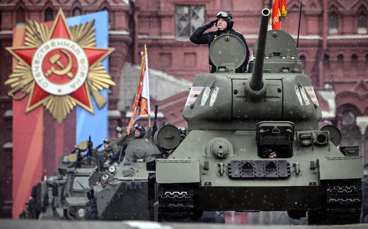 A Soviet era T-34 tank rolls on Red Square during the Victory Day military parade in central Moscow