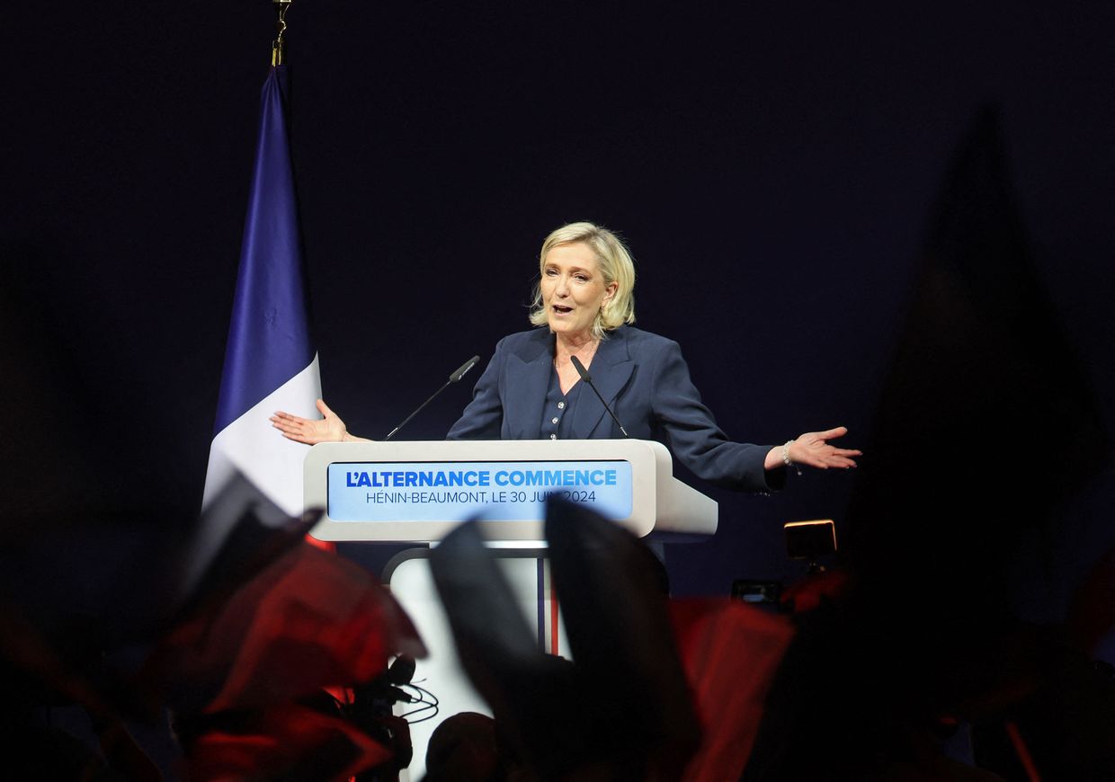 Former president of the French far-right Rassemblement National (RN) parliamentary group Marine Le Pen gives a speech