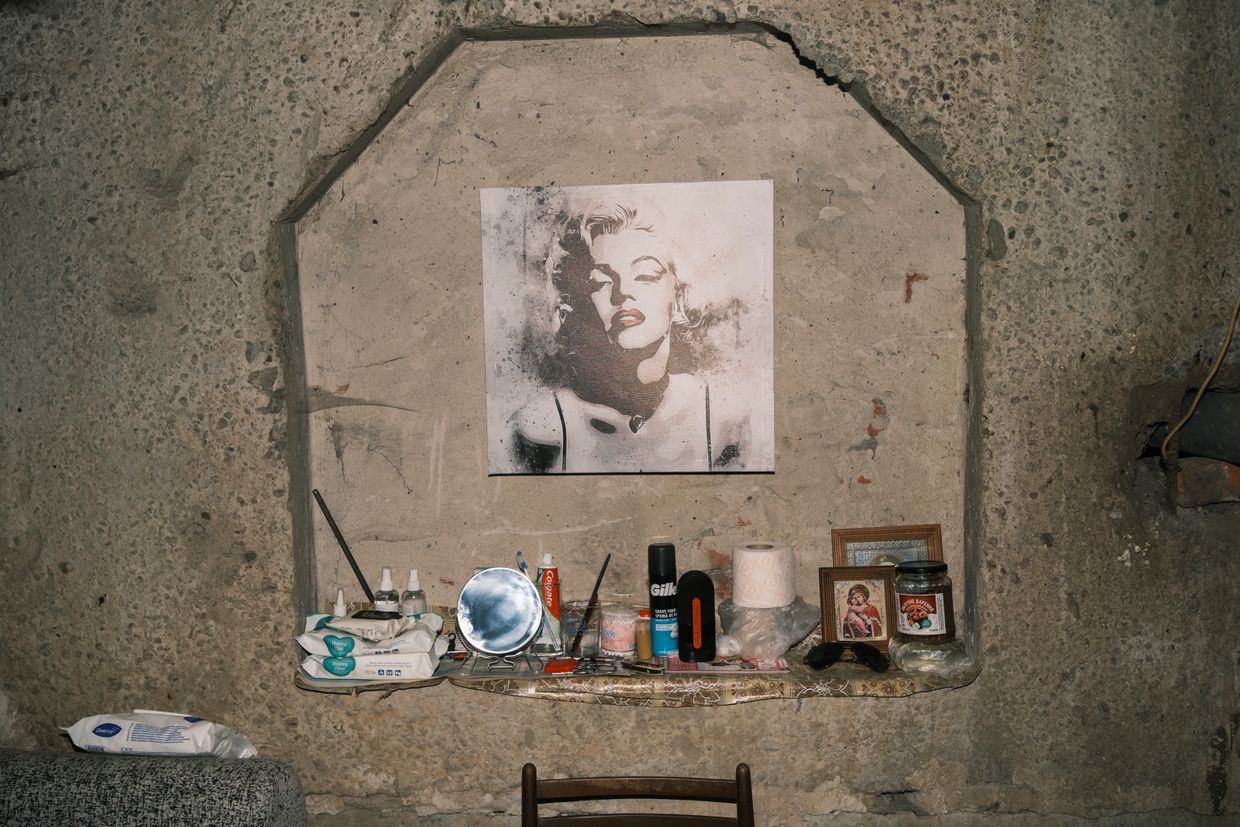 A portrait of Marilyn Monroe in Arthur's basement in Toretsk, Ukraine on July 3, 2024. 