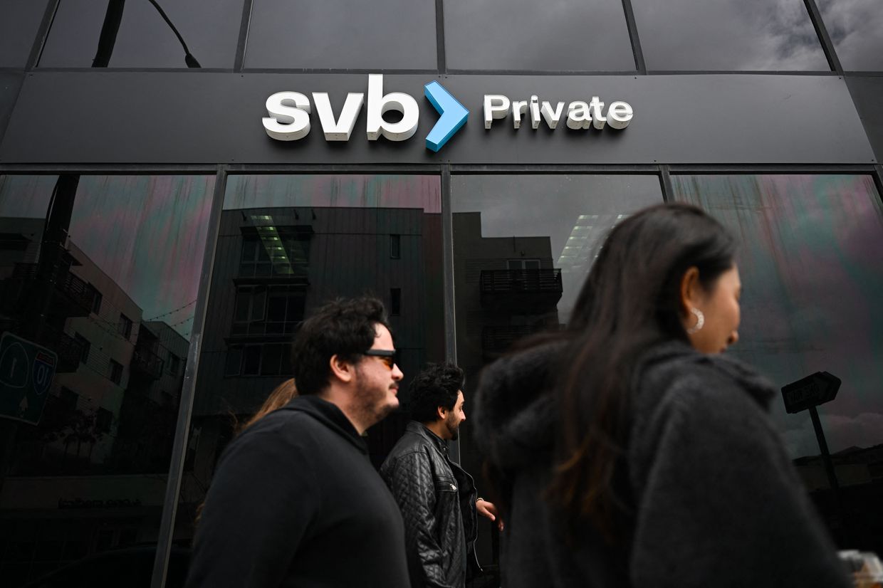 The SVB Private logo is displayed outside of a Silicon Valley Bank branch in Santa Monica, California, US, on March 20, 2023.