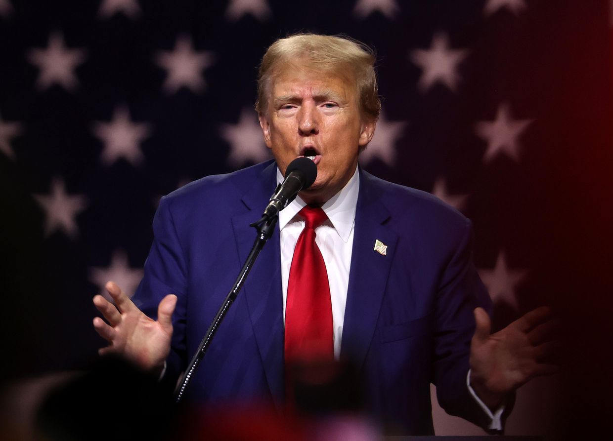 Republican presidential candidate former U.S. President Donald Trump delivers remarks during a campaign rally at the Reno-Sparks Convention Center in Reno, Nevada, USA