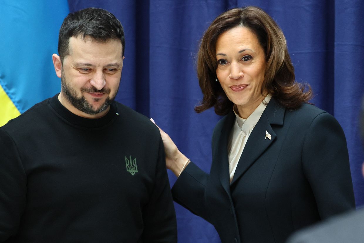 Ukrainian President Volodymyr Zelensky and US Vice President Kamala Harris smile at the end of a press conference at the Munich Security Conference (MSC)