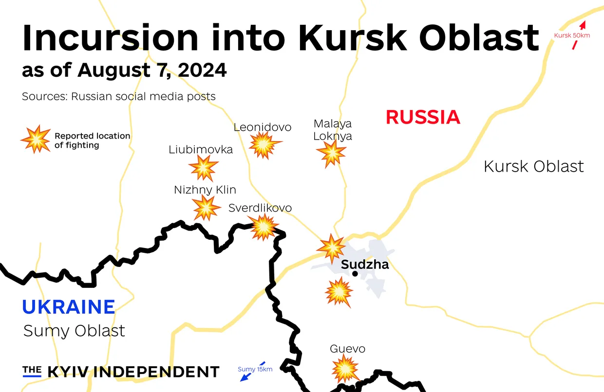 A map of fighting reported during Ukraine's August incursion into Kursk Oblast in Russia, as of Aug. 7, 2024.