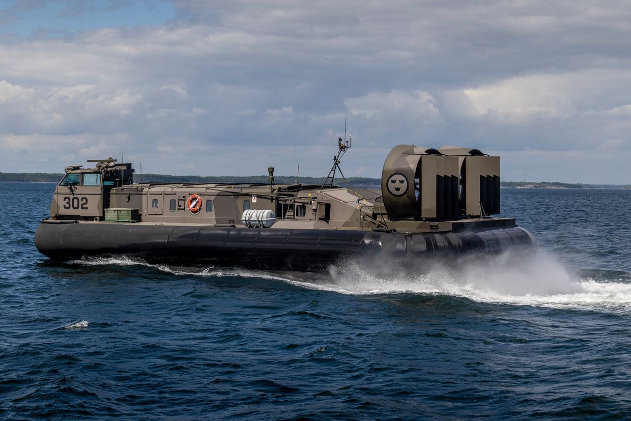 A Swedish navy military hovercraft travels during the Baltic Operations NATO military drills (Baltops 22)