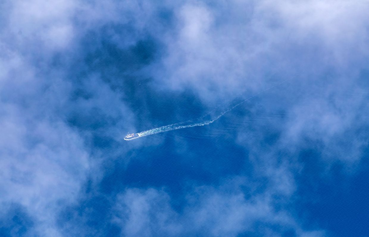 This photograph shows a boat in the Baltic sea on a surveillance camera of the French navy patrol airplane 