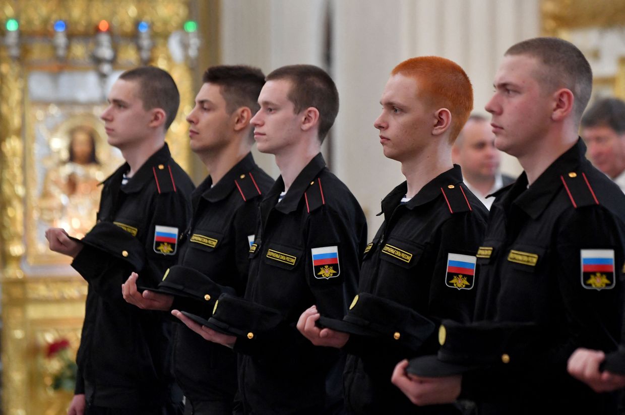 Russian army new conscripts attend a religious service at the Trinity Cathedral 