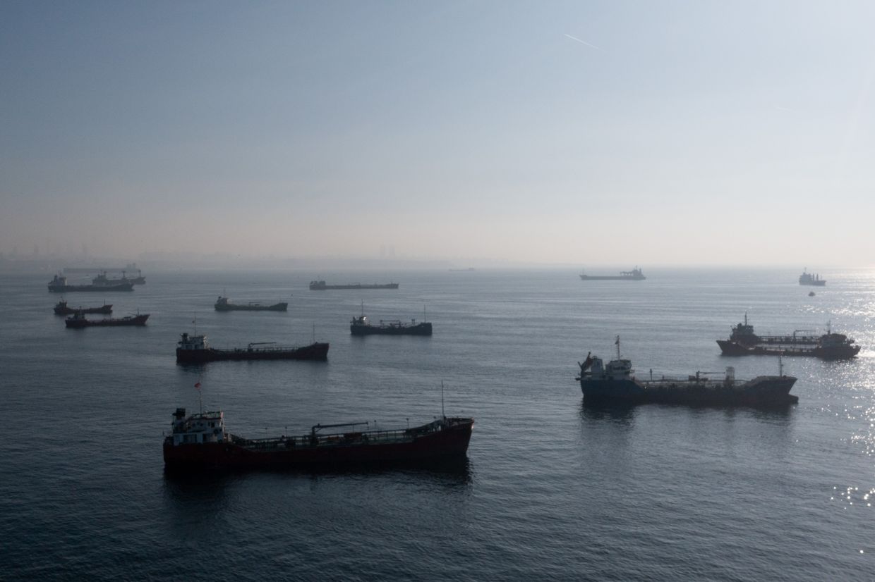  Ships, including those carrying grain from Ukraine, anchored off Istanbul, Turkey, awaiting inspections, Nov. 2, 2022.