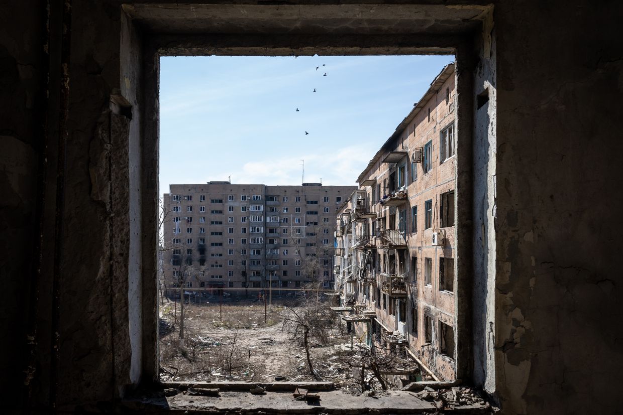 A view of damaged buildings in the frontline city of Vuhledar as Russia-Ukraine war continues in Donetsk Oblast, Ukraine 