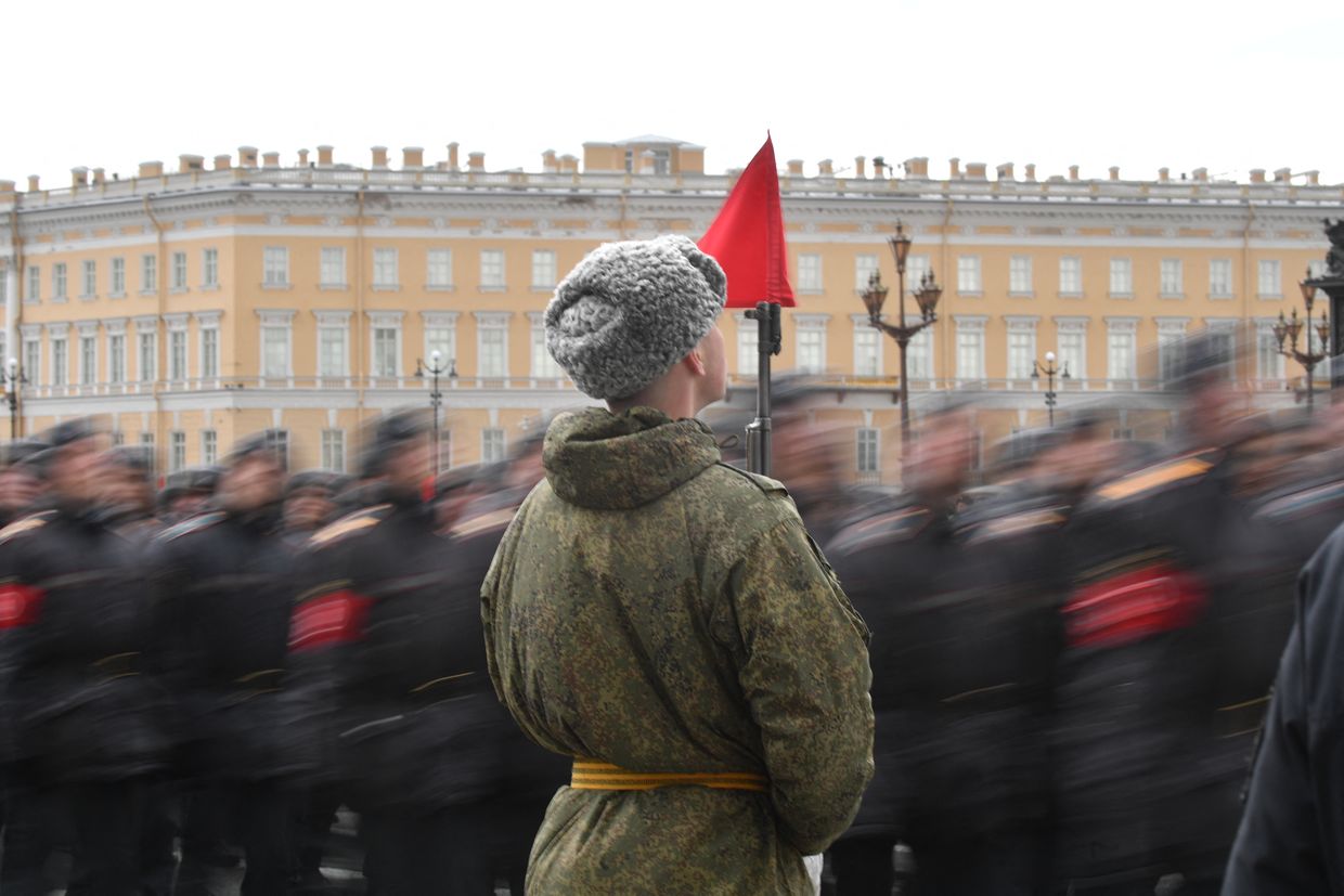 Russian military cadets take part in a rehearsal of the 79th anniversary military parade in St. Petersburg