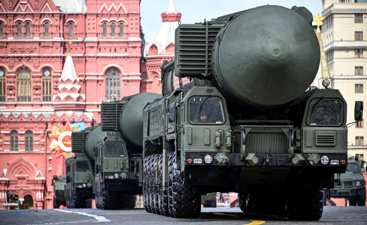 Russian Yars intercontinental ballistic missile launchers roll on Red Square during the military parade in central Moscow, Russia on May 9, 2024. 