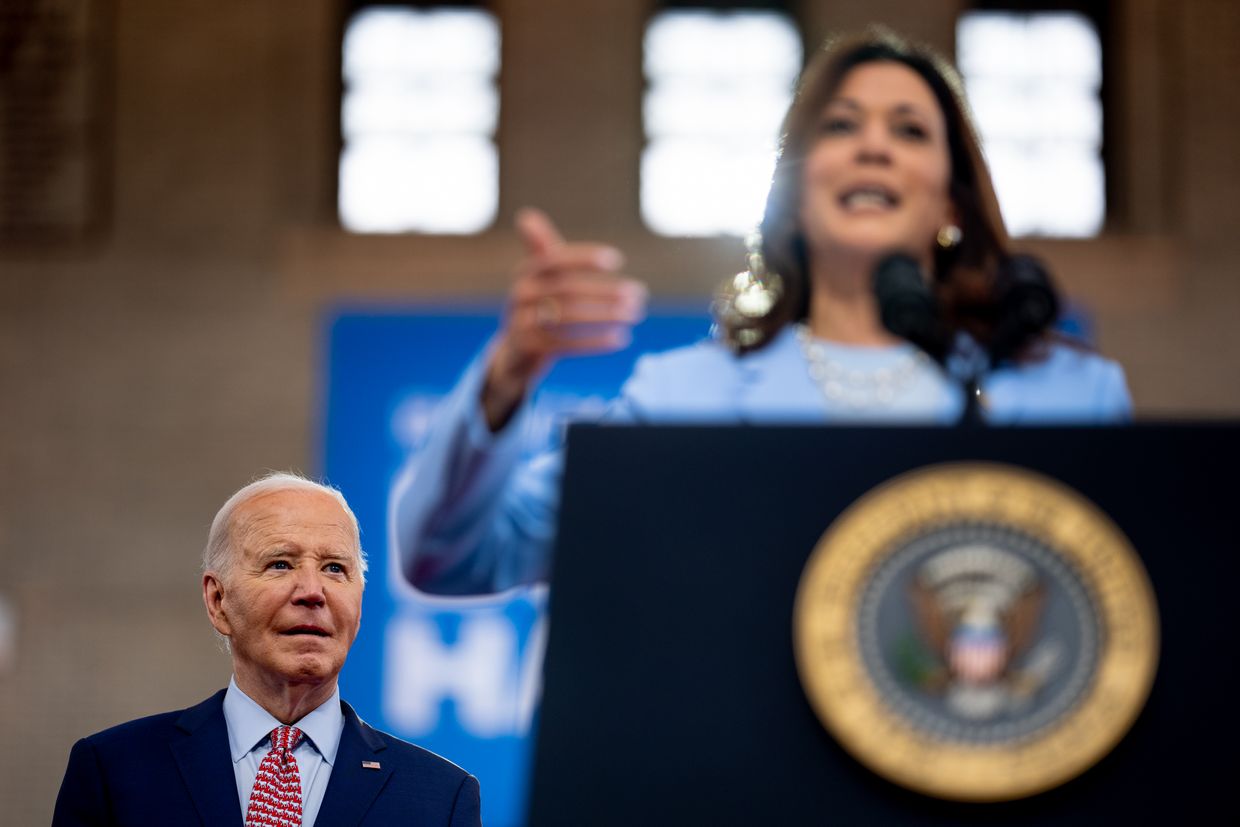 Vice President Kamala Harris introduces President Joe Biden during a campaign rally at Girard College in Philadelphia, Pennsylvania on May 29, 2024.