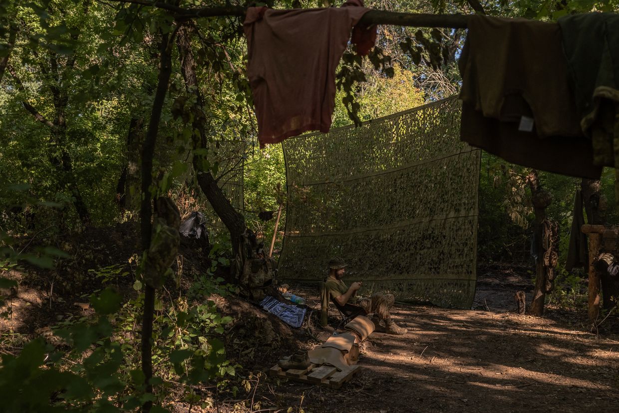 A Ukrainian serviceman of the 43rd Artillery Brigade rests in the position in an undisclosed area in the Pokrovsk area