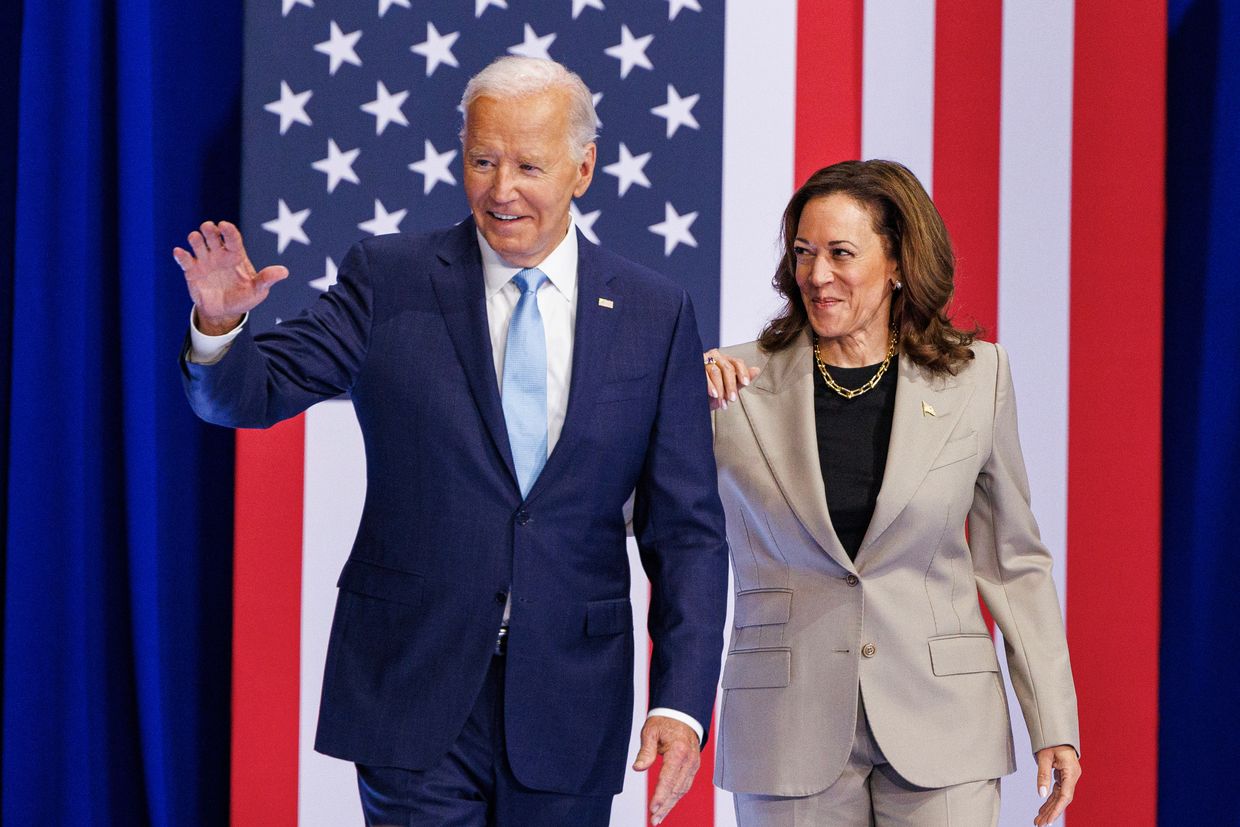 U.S. President Joe Biden (L) and U.S. Vice President Kamala Harris (R) in Upper Marlboro, Maryland