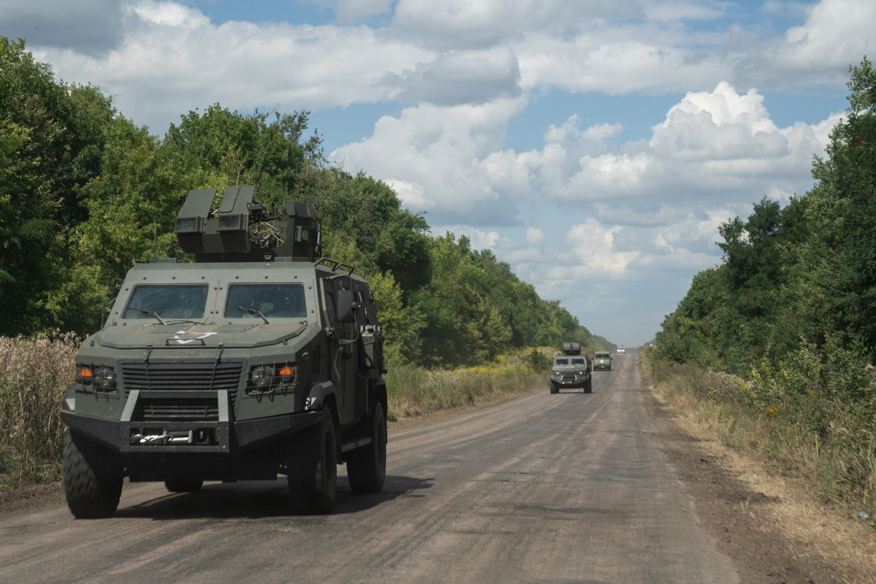 A Ukrainian armored personnel carrier returns from Russia in Sumy Oblast, Ukraine, on Aug. 16, 2024.