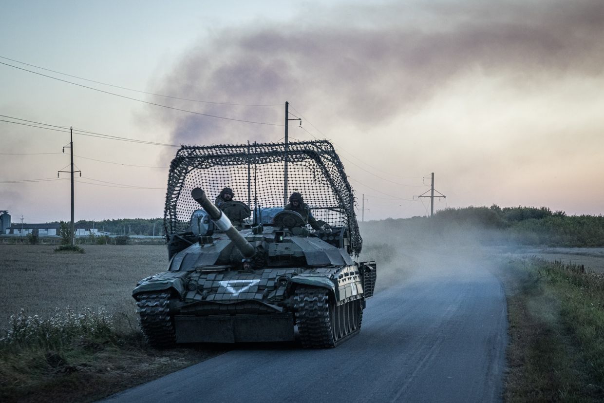 A Ukrainian tank in Ukrainian-held Russian territory away from the border in Kursk Oblast, Russia, on Aug. 18, 2024.