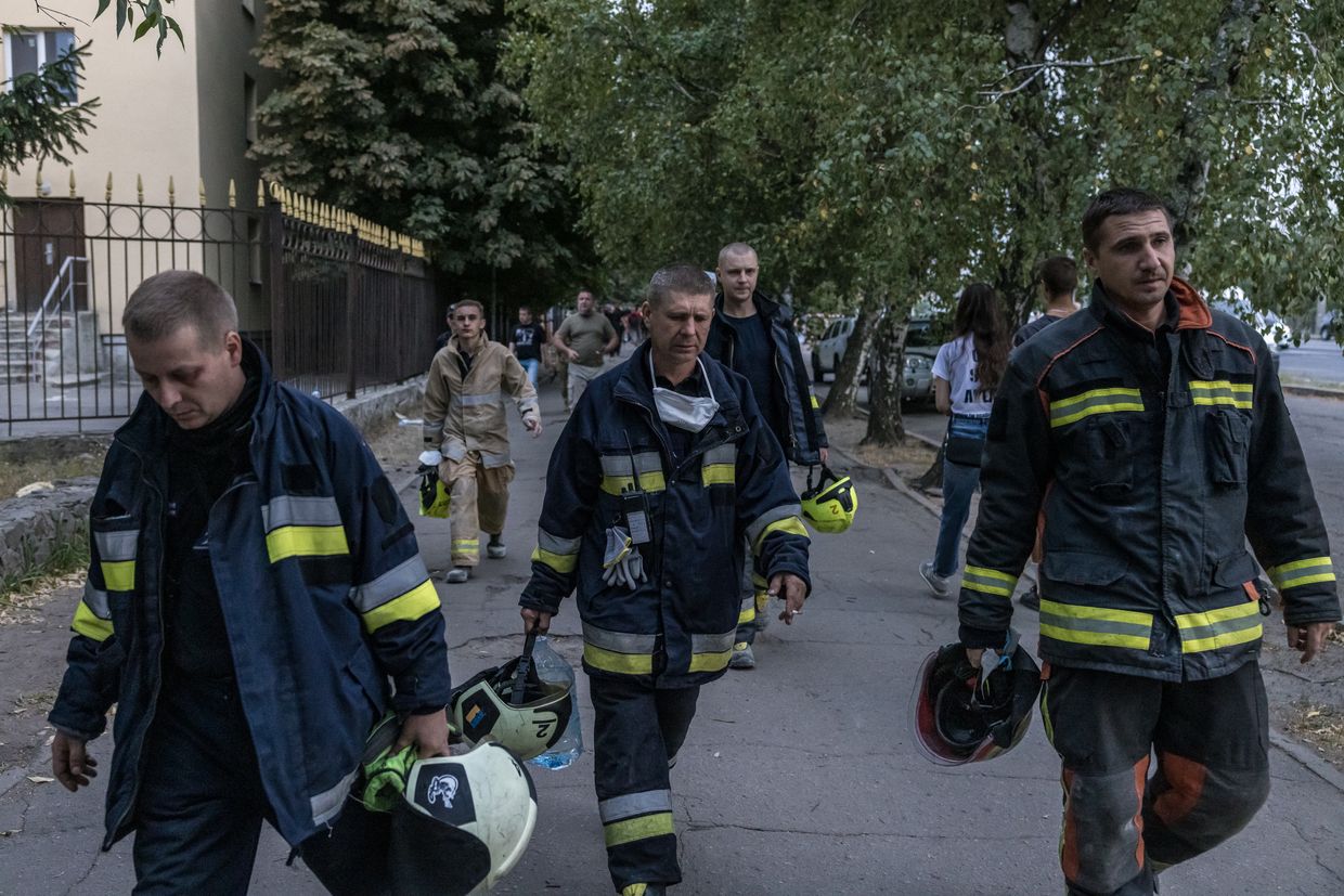 First responders returned to the site of the Russian missile strike on the Military Institute of Telecommunications and Information Technology after the air raid alert in Poltava, Ukraine on Sep. 3, 2024