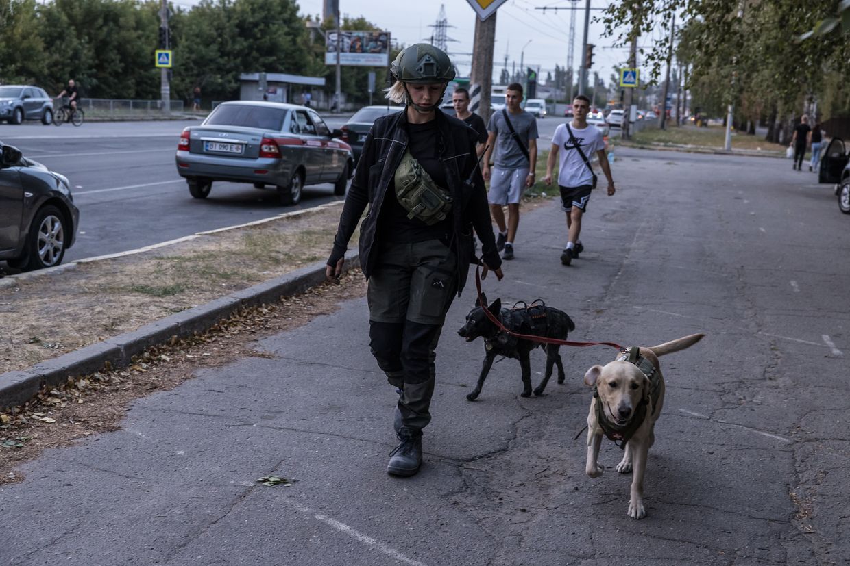 Oleksandra Karpova and the dogs Mria (black) and Mudryk (white) from the search and rescue organization are waiting for the air raid alarm to be released so they can start their work at the site of the Russian missile attack.