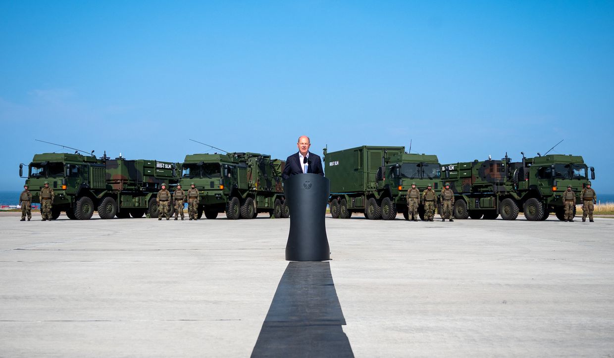 German Chancellor Olaf Scholz speaks during the presentation of Germany's first IRIS-T 