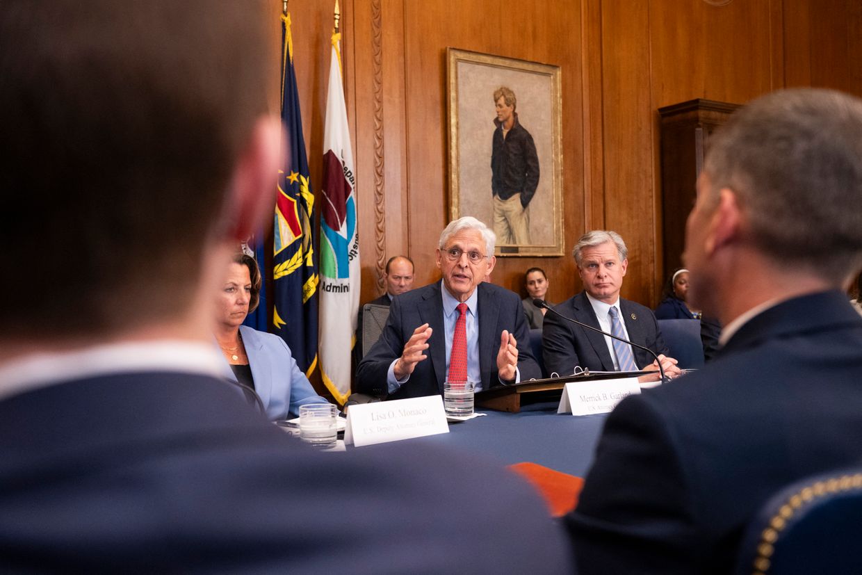 US Attorney General Merrick Garland speaks at the beginning of a meeting of the Justice Department's Election Threats Task Force at the Justice Department in Washington, DC, US on Sep. 4, 2024.