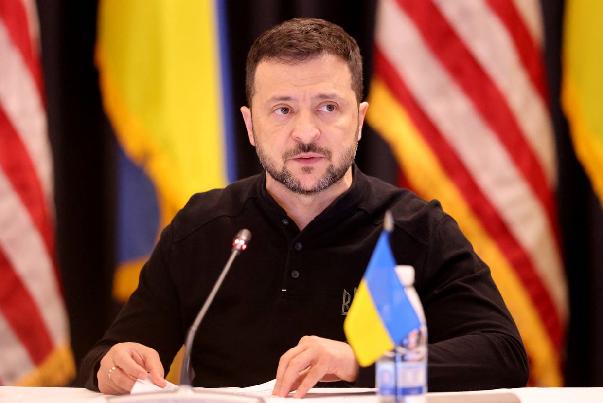 President Volodymyr Zelensky speaks as he attends the Ukraine Defence Contact Group meeting at the US air base in Ramstein