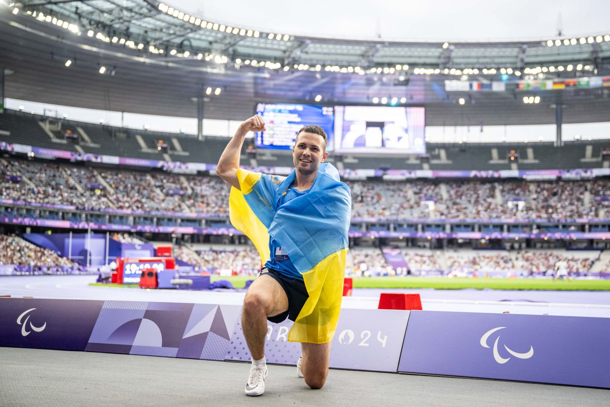 Gold medalist Ihor Tsvietov of Team Ukraine celebrates after the Men's 100m - T35 Final day five of the Paris 2024 Summer Paralympic Games