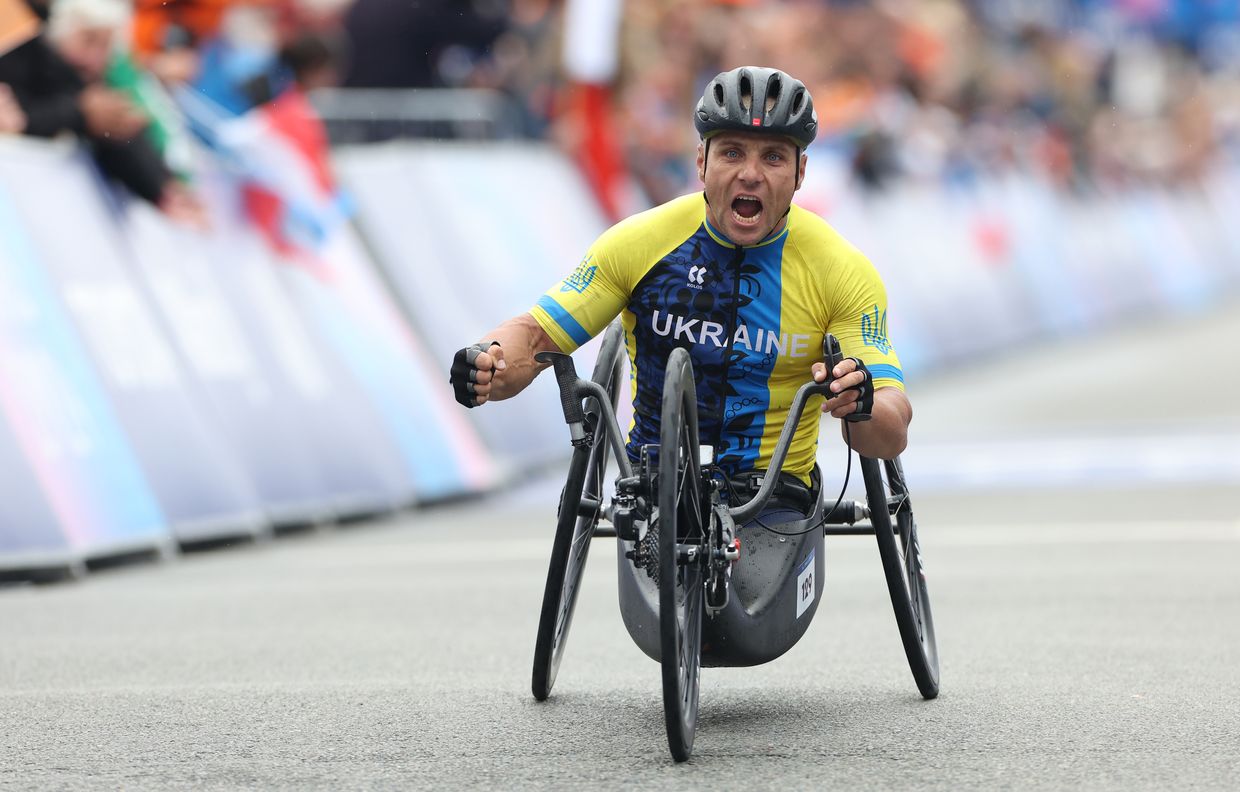 Bronze medalist, Pavlo Bal of Team Ukraine celebrates following the Men's H5 Road Race 