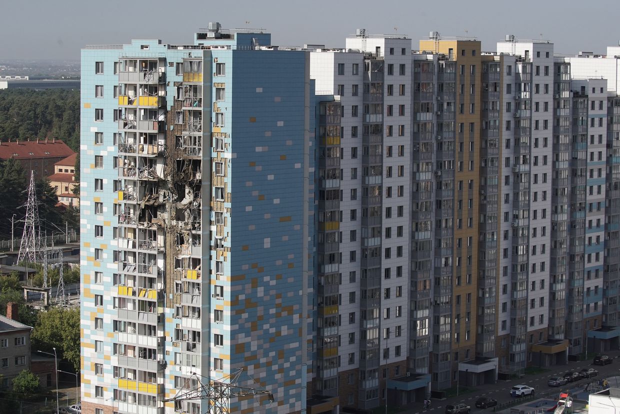 This photo shows a damaged residential building following a drone attack in Ramenskoye in the Moscow 