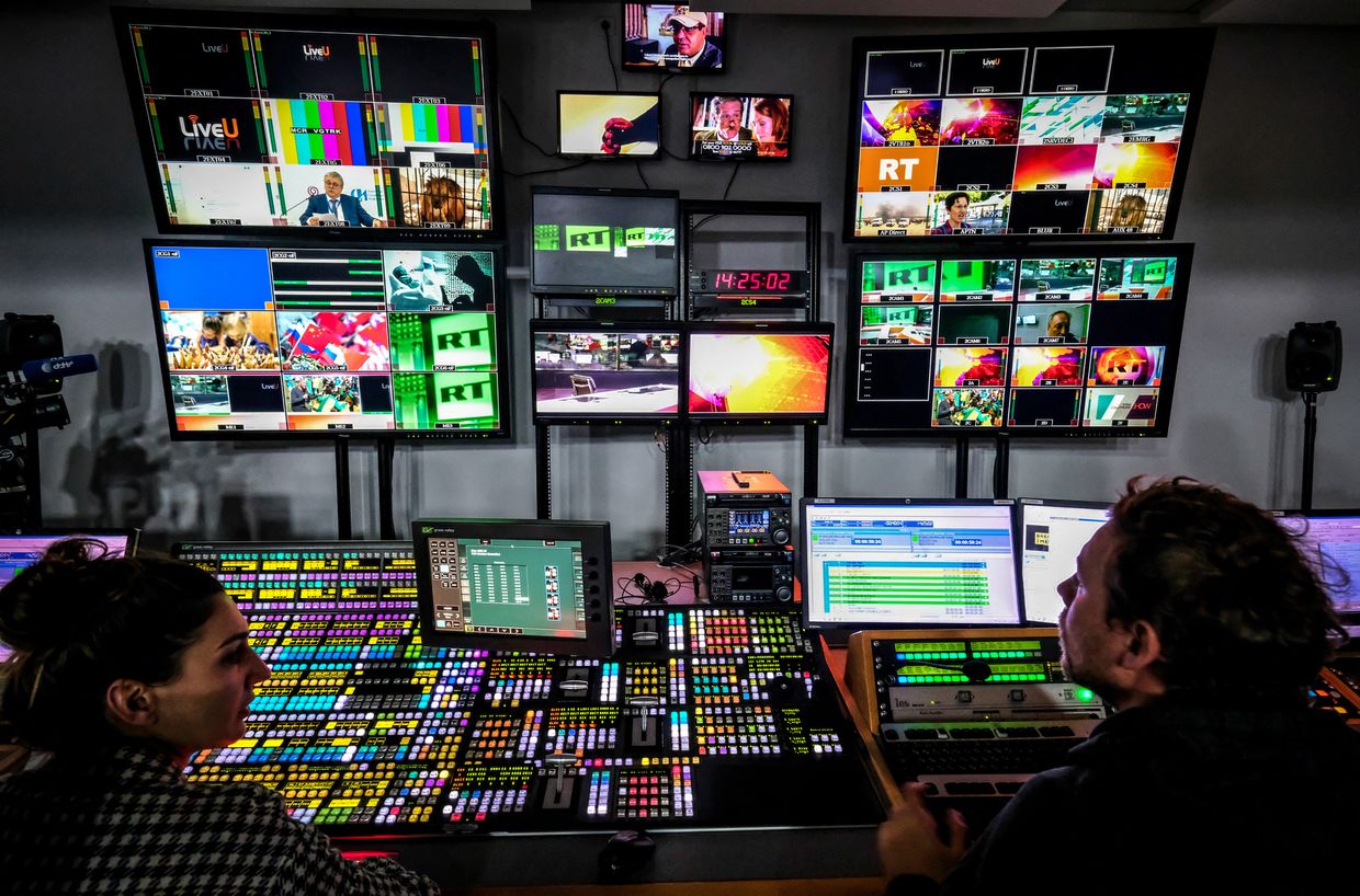 An unidentified director of the Russia Today (RT) TV company in their apparatus room in Moscow